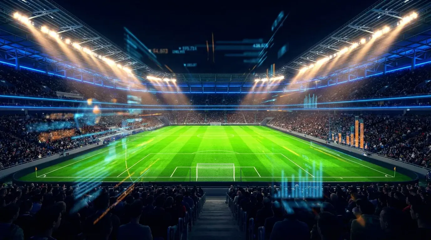 Digitalni prikaz nogometnog stadiona s prikazom koeficijenata i analitičkih grafikona za Svjetsko prvenstvo 2026