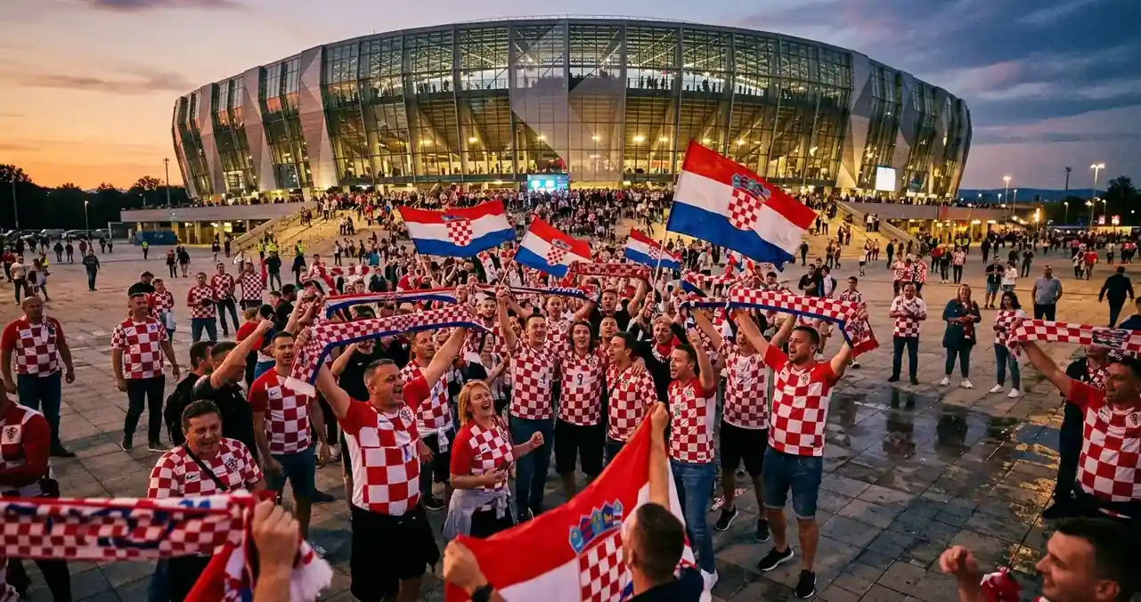 Hrvatski navijači u crveno-bijelim dresovima slave pred stadionom