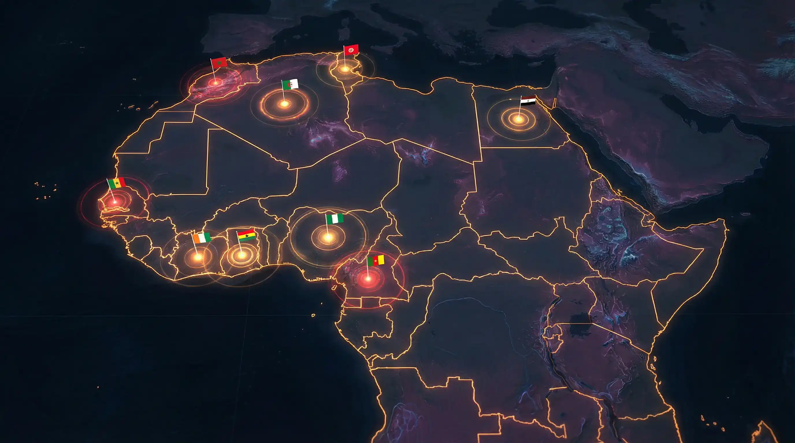 Karta Afrike s označenim reprezentacijama koje sudjeluju na Svjetskom prvenstvu 2026 uključujući Maroko, Nigeriju, Senegal i druge