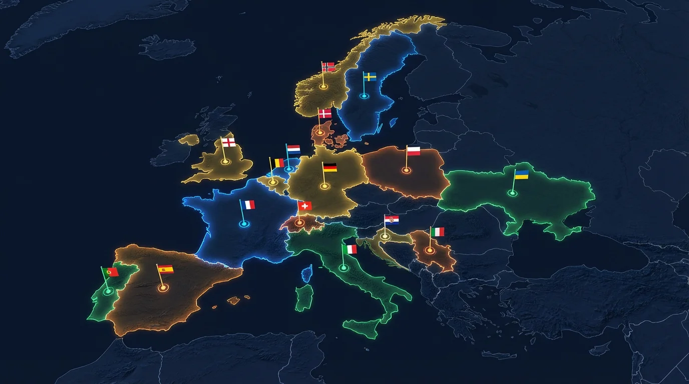 Karta Europe s označenim reprezentacijama koje su se kvalificirale za Svjetsko prvenstvo 2026 i njihovim FIFA rankingom
