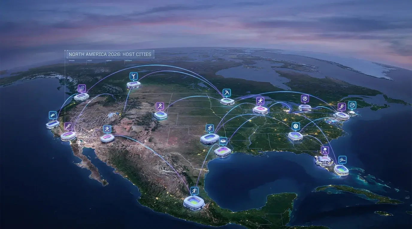 Grafički prikaz 16 stadiona Svjetskog prvenstva 2026 raspoređenih po Sjevernoj Americi s označenim kapacitetima i gradovima domaćinima