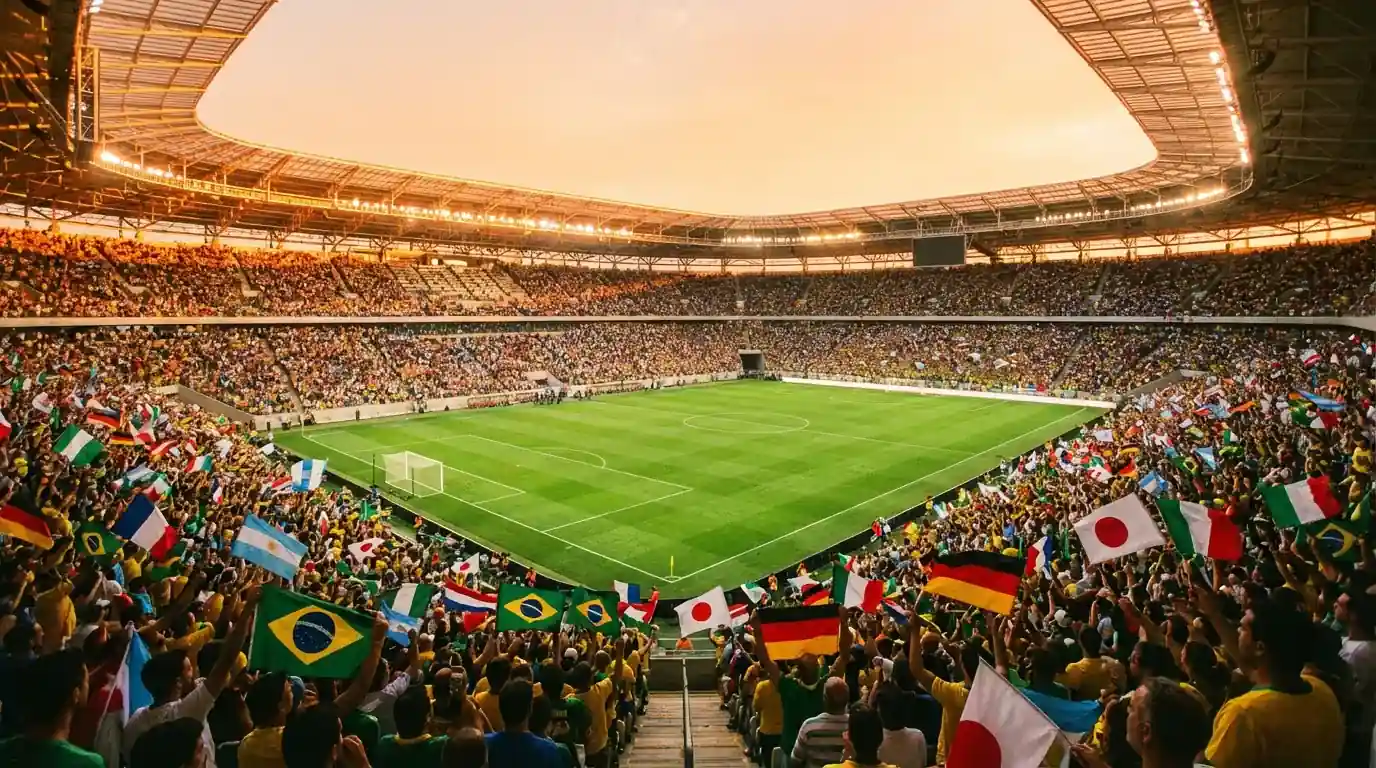 Stadion prepun navijača s zastavama 48 reprezentacija koje sudjeluju na Svjetskom prvenstvu 2026 u SAD-u, Kanadi i Meksiku